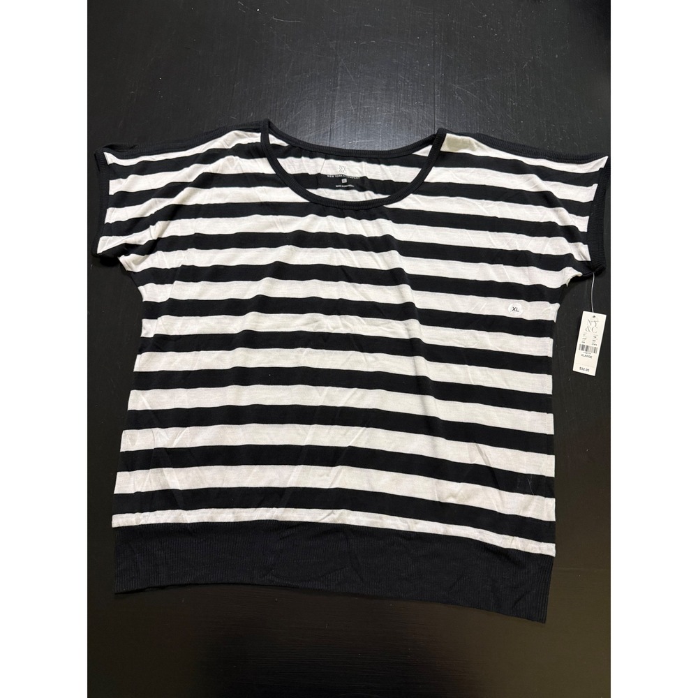 New York & Company Black White Striped Cold Shoulder Top XL NWT
